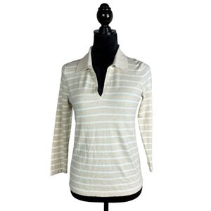 J McLaughlin Cream White Stripe Collared 3/4 Sleeve Knit Top XS Preppy Classic